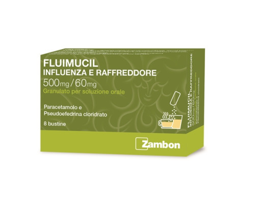 <b>FLUIMUCIL INFLUENZA E RAFFREDDORE<br>  500 mg/60 mg granulato per soluzione orale<br></b>  Paracetamolo e Pseudoefedrina cloridrato<br><b>Che cos’è e a che cosa serve</b><br>Fluimucil Influenza e Raffreddore contiene due principi attivi: i