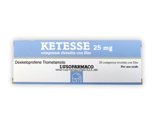 <b>Ketesse 25 mg compresse rivestite con film</b><br>  Dexketoprofene<br><b>Che cos’è e a che cosa serve</b><br>Ketesse è un antidolorifico appartenente al gruppo di medicinali chiamati farmaci antinfiammatori non steroidei  (FANS).<br