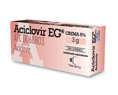<b>ACICLOVIR EG 5% crema</b><br>  Medicinale equivalente<br><b>Che cos’è e a che cosa serve</b><br>ACICLOVIR EG è una crema da applicare sulla pelle che contiene il principio attivo aciclovir appartenente  ad un gruppo di medicinali ut