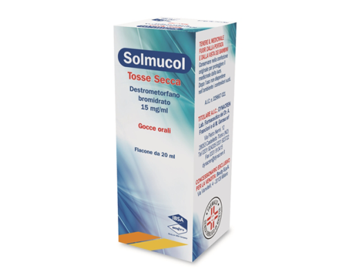 Solmucol<br> Tosse secca<br> Destrometorfano bromidrato 15 mg/ml<br> Gocce orali<br><b>Che cos’è e a che cosa serve</b><br>Sedativo della tosse.<br> <br> Il destrometorfano bromidrato è indicato per il trattamento sintomatico della tos