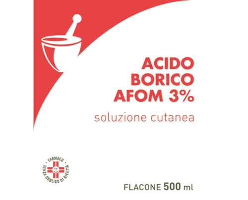 Acido borico AFOM 3% soluzione cutanea<br><b>Che cos’è e a che cosa serve</b><br>Antisettico per la disinfezione di ustioni minori e di aree cutanee irritate o screpolate. La soluzione si utilizza,  inoltre, sottoforma di tamponi locali ad az