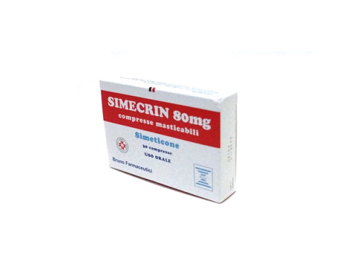 <b>SIMECRIN 40 mg compresse masticabili<br>  SIMECRIN 80 mg compresse masticabili<br>  SIMECRIN 120 mg compresse masticabili</b><br>  Simeticone<br><b>Che cos’è e a che cosa serve</b><br>SIMECRIN contiene il principio attivo simeticone, un an