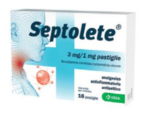 <b>Septolete aroma eucalipto 3 mg/1 mg pastiglie</b><br>  Benzidamina cloridrato/cetilpiridinio cloruro<br><b>Che cos’è e a che cosa serve</b><br>Septolete aroma eucalipto pastiglie è un medicinale antinfiammatorio, analgesico ed antis