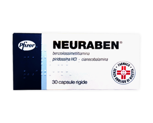 <b>NEURABEN 100 mg + 150 mg + 500 mcg capsule rigide</b><br>  Benzoilossimetiltiamina, piridossina cloridrato, cianocobalamina<br><b>Che cos’è e a che cosa serve</b><br>Neuraben contiene : benzoilossimetiltiamina, piridossina cloridato e cian