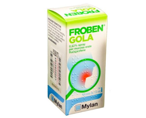 FROBEN GOLA 250mg/100ml Collutorio <br> FROBEN GOLA 250mg/100ml Spray per mucosa orale <br> Flurbiprofene<br><b>Che cos’è e a che cosa serve</b><br>FROBEN GOLA contiene flurbiprofene ed appartiene ad un gruppo di medicinali chiamati farmaci a