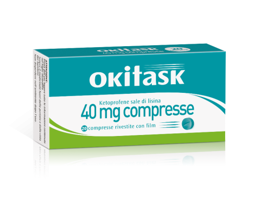 Okitask 40 mg compresse rivestite con film<br> ketoprofene sale di lisina<br><b>Che cos’è e a che cosa serve</b><br>Okitask contiene ketoprofene che appartiene ad un gruppo di medicinali chiamati “Farmaci Antinfiammatori Non Steroidei&r