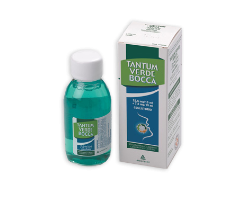 <b>TANTUM VERDE BOCCA 22,5 mg/15 ml + 7,5 mg/15 ml collutorio</b><br>  Benzidamina cloridrato / Cetilpiridinio cloruro<br><b>Che cos’è e a che cosa serve</b><br>Tantum Verde Bocca contiene i principi attivi benzidamina cloridrato (un antinfia