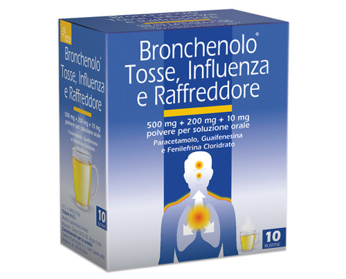 <b>Bronchenolo Tosse, Influenza e Raffreddore 500 mg+200 mg+10 mg polvere per soluzione orale</b><br>  Paracetamolo, Guaifenesina e Fenilefrina Cloridrato<br><b>Che cos’è e a che cosa serve</b><br><b>Bronchenolo Tosse, Influenza e Raffreddore