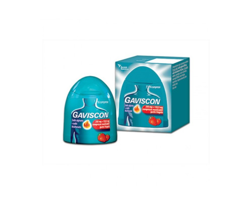 <b>GAVISCON 250 mg + 133,5 mg compresse masticabili gusto menta<br>  GAVISCON 250 mg + 133,5 mg compresse masticabili gusto fragola</b><br>  Sodio alginato + sodio bicarbonato<br><b>Che cos’è e a che cosa serve</b><br>Gaviscon è un med