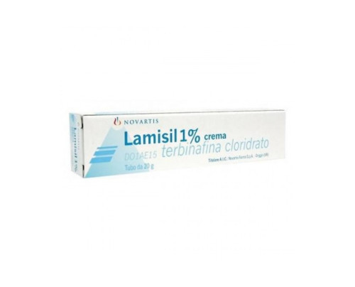 <b>Lamisil 1% crema</b><br>  terbinafina cloridrato<br><b>Che cos’è e a che cosa serve</b><br>Lamisil contiene il principio attivo terbinafina che appartiene a un gruppo di medicinali denominati  “antifungini ad ampio spettro”. La