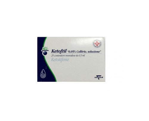 <b>Ketoftil 0,5 mg/ml collirio, soluzione</b><br>  Ketotifene<br><b>Che cos’è e a che cosa serve</b><br>Ketoftil contiene il principio attivo ketotifene ed appartiene ad un gruppo di medicinali chiamati antistaminiciantiallergici per uso ocul