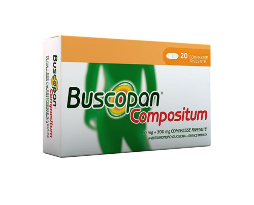 <b>Buscopan Compositum 10 mg + 500 mg compresse rivestite</b><br>  N-butilbromuro di joscina + paracetamolo<br><b>Che cos’è e a che cosa serve</b><br>Buscopan Compositum contiene due principi attivi: N-butilbromuro di joscina (principio  atti