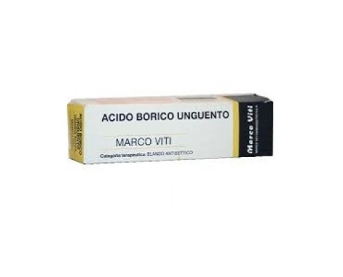 <b>ACIDO BORICO MARCO VITI 3% soluzione cutanea<br>  ACIDO BORICO MARCO VITI 3% unguento</b><br>  Acido borico<br><b>Che cos’è e a che cosa serve</b><br>ACIDO BORICO MARCO VITI contiene acido borico che appartiene ad un gruppo di medicinali  