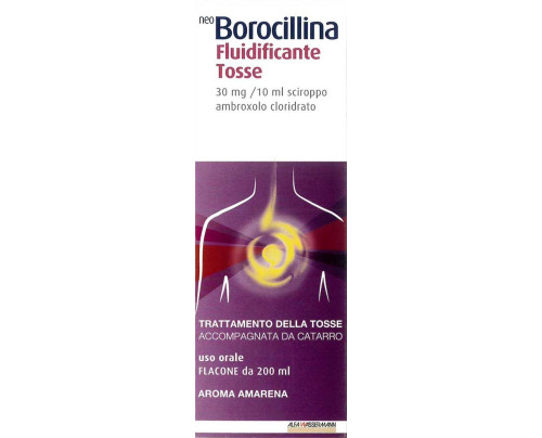 <b>Neo Borocillina Fluidificante Tosse 30 mg/10 ml sciroppo</b><br>Ambroxolo cloridrato<br><b>Che cos’è e a che cosa serve</b><br>Neo Borocillina Fluidificante Tosse contiene il principio attivo ambroxolo cloridrato; questo medicinale apparti