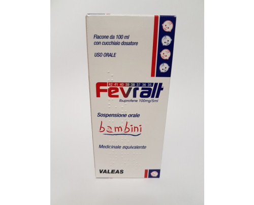<b>FEVRALT Bambini 100 mg/5 ml sospensione orale</b><br>  Medicinale equivalente<br>  Ibuprofene<br><b>Che cos’è e a che cosa serve</b><br>Fevralt Bambini 100 mg /5 ml sospensione orale contiene 100 mg del principio attivo Ibuprofene in 5 ml.