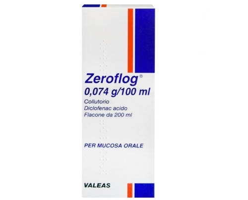 <b>Zeroflog 0,074 g/100 ml collutorio, 1 flacone</b><br>  Diclofenac acido<br><b>Che cos’è e a che cosa serve</b><br>Il principio attivo di Zeroflog è diclofenac acido. Questo medicinale è impiegato per il trattamento dei  sinto