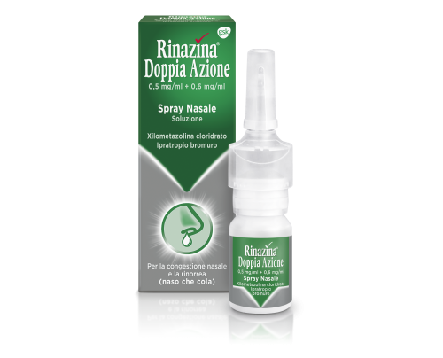 RINAZINA DOPPIA AZIONE 0,5 mg/ml + 0,6 mg/ml spray nasale, soluzione<br> Xilometazolina cloridrato/Ipratropio bromuro<br><b>Che cos’è e a che cosa serve</b><br>RINAZINA DOPPIA AZIONE è un medicinale in combinazione consistente di due d
