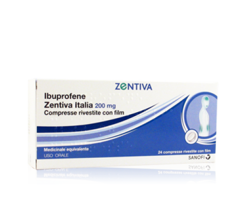 <b>IBUPROFENE ZENTIVA ITALIA 200 mg compresse rivestite con film</b><br>  Ibuprofene<br>  Medicinale equivalente<br><b>Che cos’è e a che cosa serve</b><br>IBUPROFENE ZENTIVA ITALIA 200 mg contiene ibuprofene, un medicinale che appartiene ad u