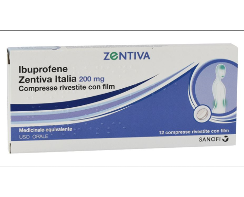 <b>IBUPROFENE ZENTIVA ITALIA 200 mg compresse rivestite con film</b><br>  Ibuprofene<br>  Medicinale equivalente<br><b>Che cos’è e a che cosa serve</b><br>IBUPROFENE ZENTIVA ITALIA 200 mg contiene ibuprofene, un medicinale che appartiene ad  