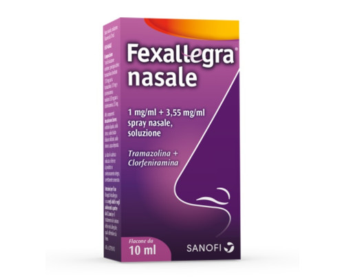 <b>Fexallegra nasale 1 mg/ml + 3,55 mg/ml spray nasale, soluzione</b><br>  Tramazolina + clorfeniramina<br><b>Che cos’è e a che cosa serve</b><br>Fexallegra nasale è uno spray nasale che contiene tramazolina e clorfeniramina.  Fexalleg