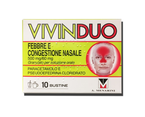 <b>VIVINDUO FEBBRE E CONGESTIONE NASALE 500 mg/60 mg granulato per soluzione orale</b><br>  Paracetamolo e pseudoefedrina cloridrato<br><b>Che cos’è e a che cosa serve</b><br>VIVINDUO FEBBRE E CONGESTIONE NASALE contiene paracetamolo, un anal