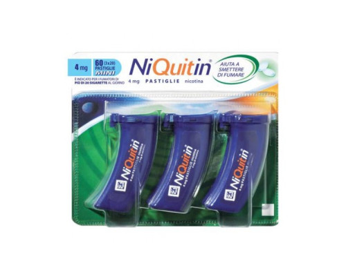 <b>NiQuitin 4 mg pastiglie</b><br>  Nicotina<br><b>Che cos’è e a che cosa serve</b><br>NiQuitin è utilizzato per aiutare le persone a smettere di fumare. Questo tipo di trattamento viene definito  Terapia Nicotinica Sostitutiva o TNS. 