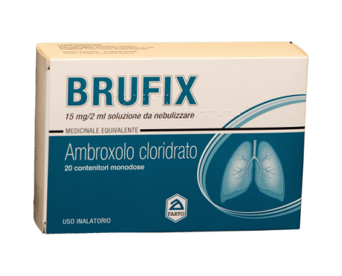 <b>BRUFIX  15 mg/2 ml soluzione da nebulizzare<br><br>  MEDICINALE EQUIVALENTE<br>  Ambroxolo cloridrato</b><br><b>Che cos’è e a che cosa serve</b><br>Brufix contiene ambroxolo cloridrato, un medicinale fluidiicante delle secrezioni bron