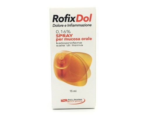 <b>ROFIXDOL INFIAMMAZIONE E DOLORE 1,6 mg/ml spray per mucosa orale</b><br>  Ketoprofene sale di lisina<br><b>Che cos’è e a che cosa serve</b><br>ROFIXDOL INFIAMMAZIONE E DOLORE contiene il principio attivo ketoprofene sale di lisina, una  so