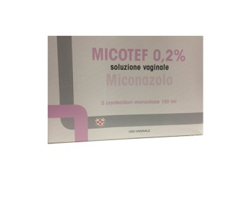 <b>MICOTEF 0,2% soluzione vaginale</b><br>  Miconazolo<br><b>Che cos’è e a che cosa serve</b><br>Micotef soluzione vaginale è un medicinale antisettico e antinfettivo ginecologico. Viene utilizzato come coadiuvante  della terapia delle