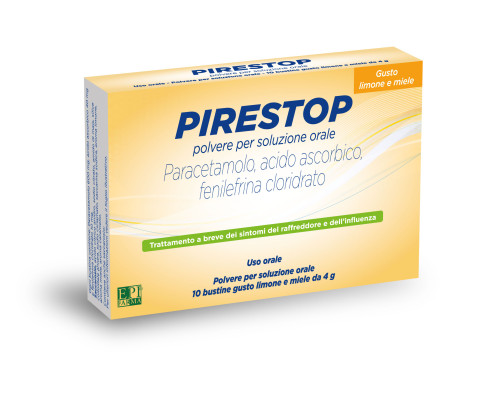 <b>Pirestop granulato per soluzione orale, gusto limone e miele</b><br>  Paracetamolo, acido ascorbico, fenilefrina cloridrato<br><b>Che cos’è e a che cosa serve</b><br>Pirestop è un medicinale che contiene i principi attivi paracetamo