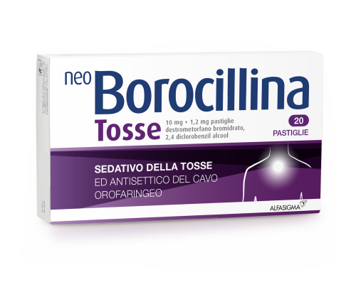 Neo Borocillina Tosse 10 mg + 1,2 mg pastiglie<br>  destrometorfano bromidrato e 2,4-diclorobenzil alcool<br><b>Che cos’è e a che cosa serve</b><br>Neo Borocillina Tosse contiene i principi attivi destrometorfano bromidrato e 2,4-diclorobenzi