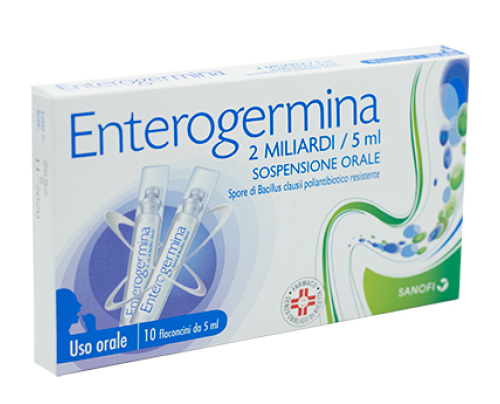 Enterogermina 2 miliardi/5 ml sospensione orale<br> Spore di <i>Bacillus clausii</i> poliantibiotico resistente - uso orale<br><b>Che cos’è e a che cosa serve</b><br>Enterogermina è un medicinale costituito da una sospensione di 4 cepp