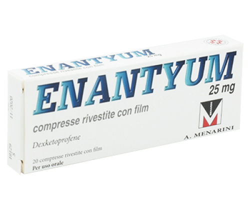 <b>ENANTYUM 25 mg compresse rivestite con film</b><br>  Dexketoprofene<br><b>Che cos’è e a che cosa serve</b><br>Enantyum è un antidolorifico appartenente al gruppo di medicinali chiamati farmaci antinfiammatori non steroidei (FANS).<b