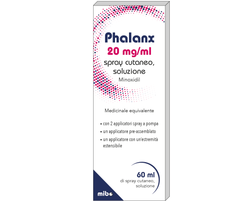 <b>PHALANX 20 mg/ml spray cutaneo, soluzione</b><br>  minoxidil<br>  medicinale equivalente<br><b>Che cos’è e a che cosa serve</b><br>PHALANX 20 mg/ml previene la perdita dei capelli ereditaria in donne e uomini e stimola la crescita dei cape