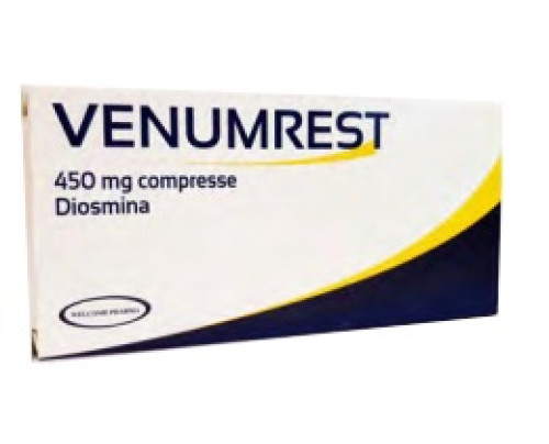 <b>VENUMREST 450 mg compresse</b><br>  Diosmina<br><b>Che cos’è e a che cosa serve</b><br>VENUMREST contiene il principio attivo diosmina appartenente ad un gruppo di medicinali chiamati  bioflavonoidi, che agiscono rinforzando le pareti dei 