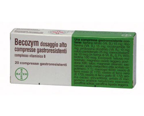 <b>Becozym compresse gastroresistenti </b><br><b>Che cos’è e a che cosa serve</b><br>Becozym appartiene alla categoria terapeutica dei vitaminici, a base di complesso B.<br><br>  Becozym è utilizzato per prevenire la carenza di vitamin