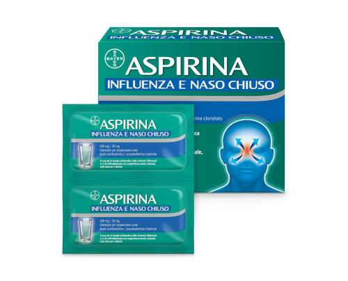 <b>Aspirina influenza e naso chiuso</b><br>  500 mg / 30 mg Granulato per Sospensione Orale<br>  Acido acetilsalicilico 500 mg, Pseudoefedrina cloridrato 30mg<br><b>Che cos’è e a che cosa serve</b><br>Aspirina influenza e naso chiuso ha propr