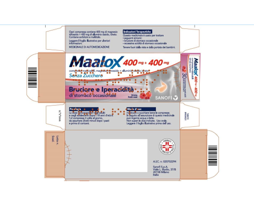 <b>MAALOX 400 mg + 400 mg compresse masticabili senza zucchero</b><br>  Magnesio idrossido + Alluminio ossido, idrato<br><b>Che cos’è e a che cosa serve</b><br>Questo medicinale contiene due principi attivi: magnesio idrossido e alluminio oss
