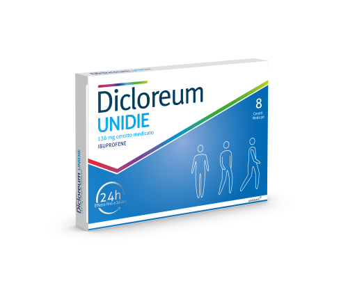 <b>Dicloreum Unidie 136 mg cerotto medicato</b><br>  Ibuprofene<br><b>Che cos’è e a che cosa serve</b><br>Dicloreum Unidie è un cerotto medicato contenente come principio attivo ibuprofene, un antinfiammatorio non steroideo (FANS) con 
