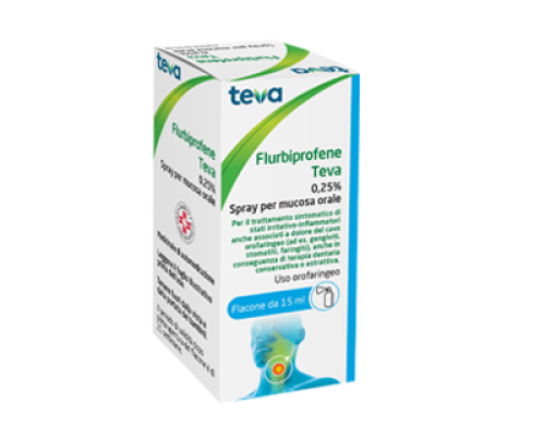 <b>FLURBIPROFENE TEVA 0,25% collutorio<br>  FLURBIPROFENE TEVA 0,25% spray per mucosa orale</b><br><b>Che cos’è e a che cosa serve</b><br>FLURBIPROFENE TEVA contiene il principio attivo flurbiprofene, appartenente alla classe dei farmaci  ant