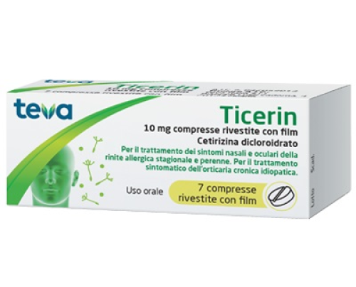 <b>TICERIN 10 mg compresse rivestite con film</b><br>  Cetirizina dicloroidrato<br><b>Che cos’è e a che cosa serve</b><br>Cetirizina dicloroidrato è il principio attivo di Ticerin.<br>  Ticerin è un medicinale antiallergico.<br>
