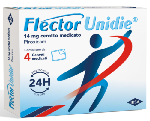 <b>FLECTOR UNIDIE 14 mg, cerotto medicato</b><br>  Piroxicam<br><b>Che cos’è e a che cosa serve</b><br>FLECTOR UNIDIE è un medicinale che contiene piroxicam, un principio attivo che appartiene alla classe dei  farmaci antinfiammatori n