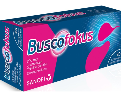 <b>Buscofokus 200 mg compresse rivestite con film</b><br>  Dexibuprofene<br><b>Che cos’è e a che cosa serve</b><br>Dexibuprofene, il principio attivo di Buscofokus, appartiene a una famiglia di medicinali noti come farmaci antinfiammatori non