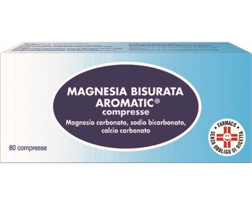 <b>Magnesia Bisurata Aromatic compresse</b><br>  Magnesio carbonato<br>  Sodio bicarbonato<br>  Calcio carbonato<br><b>Che cos’è e a che cosa serve</b><br>Magnesia Bisurata Aromatic è un medicinale antiacido che contiene i principi att