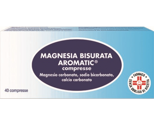 <b>Magnesia Bisurata Aromatic compresse</b><br>  Magnesio carbonato<br>  Sodio bicarbonato<br>  Calcio carbonato<br><b>Che cos’è e a che cosa serve</b><br>Magnesia Bisurata Aromatic è un medicinale antiacido che contiene i principi att