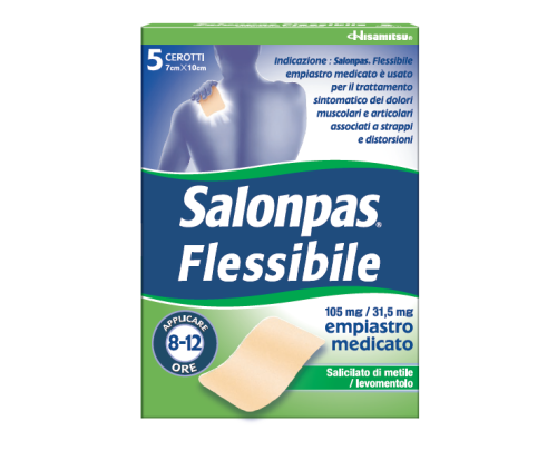 <b>Salonpas Flessibile 105 mg / 31,5 mg, empiastro medicato</b><br>  Salicilato di metile/levomentolo<br><b>Che cos’è e a che cosa serve</b><br>Il medicinale è usato per il trattamento sintomatico dei dolori muscolari e articolari asso