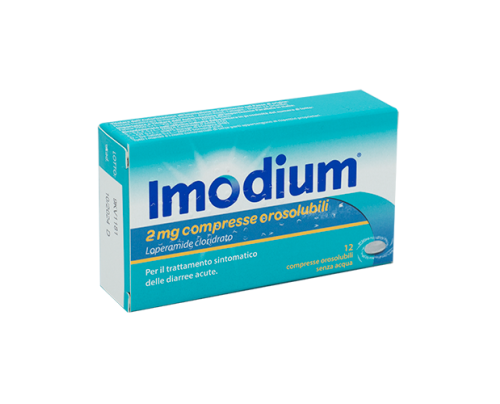 Imodium<br>2 mg compresse orosolubili<br>  Loperamide cloridrato<br><b>Che cos’è e a che cosa serve</b><br>Questo medicinale contiene loperamide cloridrato, un principio attivo che agisce sull'intestino riducendo i movimento intestinali e lo 