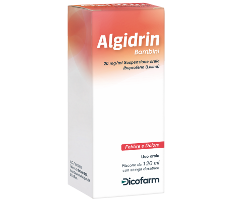 <b>Algidrin<br>  20 mg/ml Sospensione orale, Bambini</b><br>  Ibuprofene (Lisina)<br><b>Che cos’è e a che cosa serve</b><br>ALGIDRIN appartiene al gruppo di medicinali noti come farmaci anti-infiammatori non  steroidei (FANS). L'ibuprofen