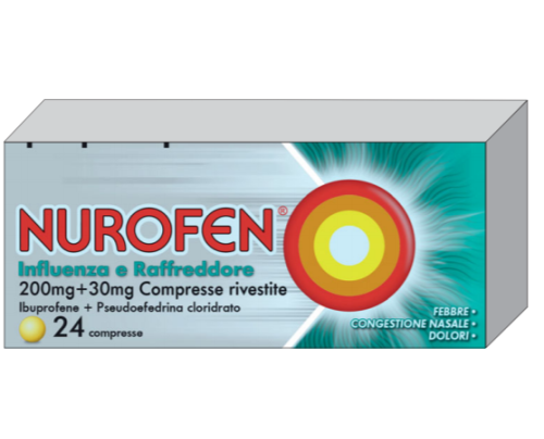 <b>NUROFEN INFLUENZA E RAFFREDDORE 200 mg + 30 mg compresse rivestite</b><br>  Ibuprofene + pseudoefedrina cloridrato<br><b>Che cos’è e a che cosa serve</b><br>Nurofen Influenza e Raffreddore contiene due principi attivi:<br>  - ibuprofene, c