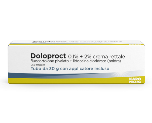 <b>Doloproct 0,1% + 2% crema rettale</b><br>  Fluocortolone pivalato + lidocaina cloridrato (anidra)<br><b>Che cos’è e a che cosa serve</b><br>Doloproct contiene due differenti principi attivi: il fluocortolone pivalato e la lidocaina cloridr
